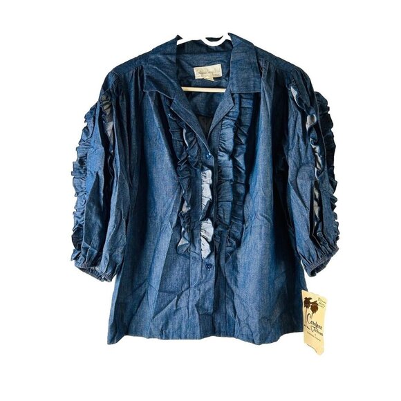 VTG 80s Frilly Ruffled Denim Jean Button Blouse Shirt USA Western - Picture 1 of 9